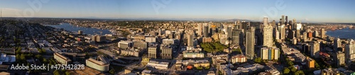 Seattle, Washington, USA - June 4 2021: Seattle downtown panoramic skyline during summer sunset. View from Seattle needle. © Daniel