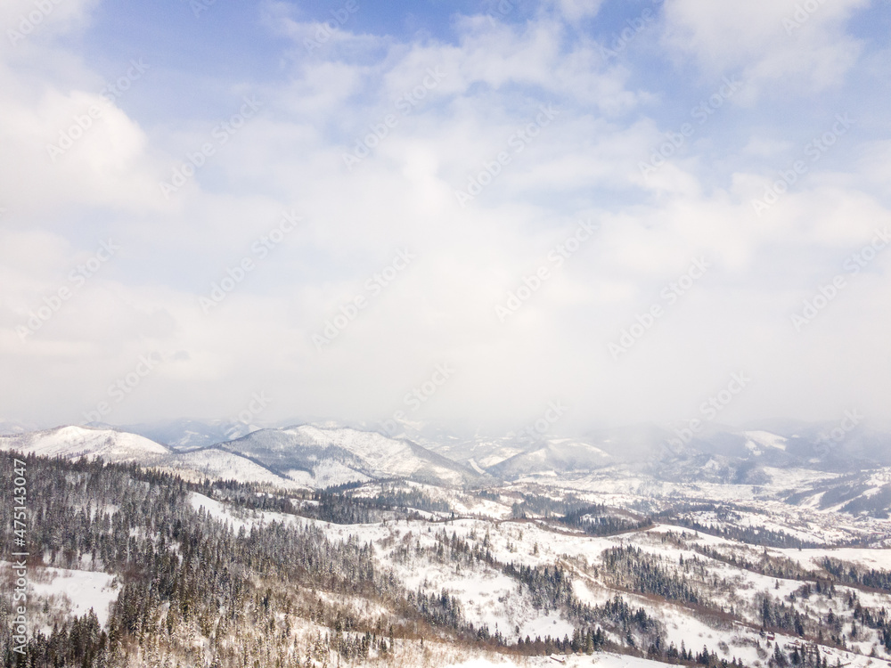 aerial view of snowed ukrainian carpathian mountains