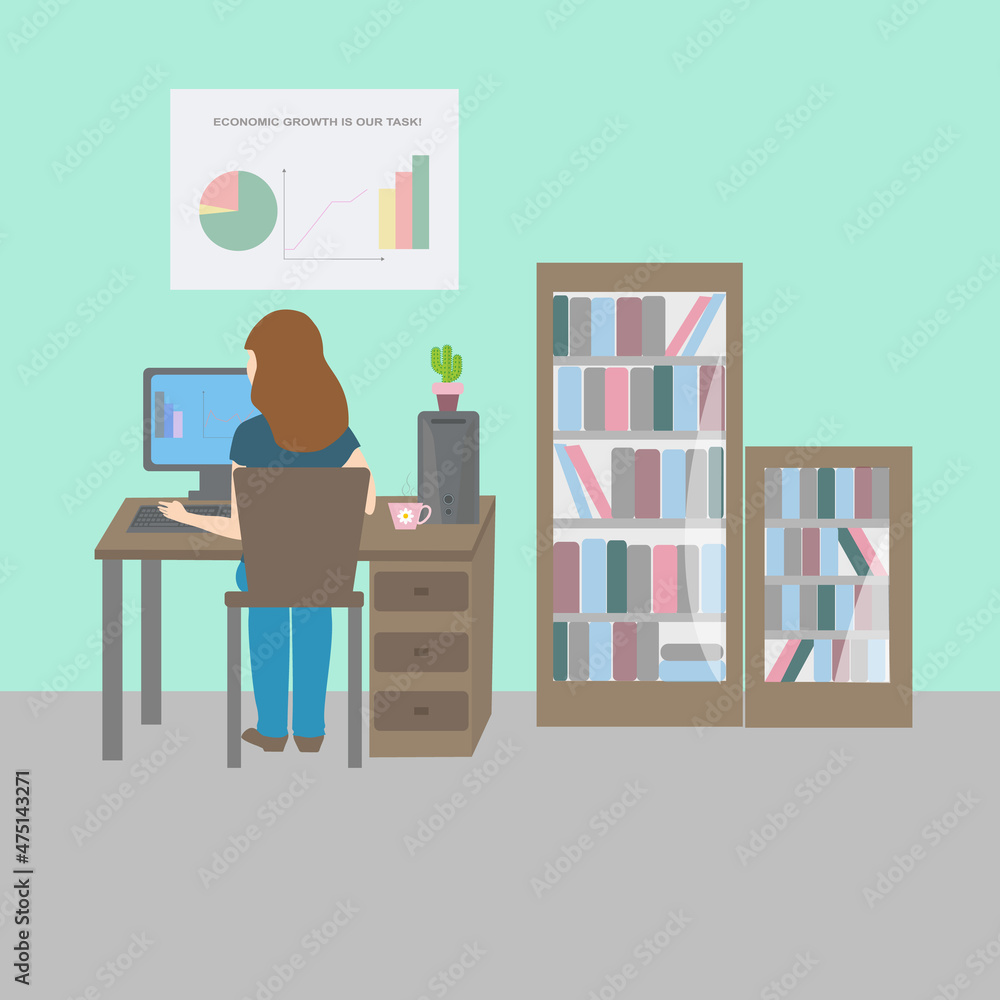 Illustration of an economist accountant woman at work on a computer in the office