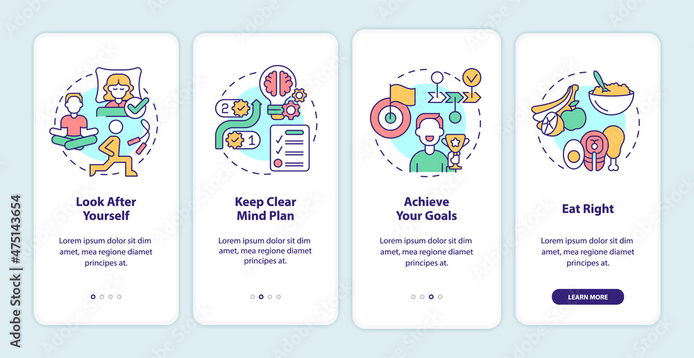 Well balanced life tips onboarding mobile app screen. Selfcare ...