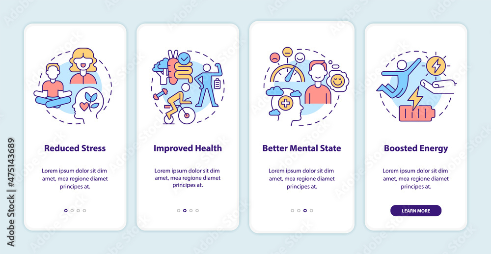 Benefits of life balance onboarding mobile app screen. Wellbeing walkthrough 4 steps graphic instructions pages with linear concepts. UI, UX, GUI template. Myriad Pro-Bold, Regular fonts used
