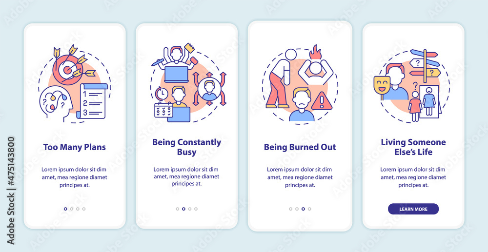 Out of balance life onboarding mobile app screen. Problems walkthrough 4 steps graphic instructions pages with linear concepts. UI, UX, GUI template. Myriad Pro-Bold, Regular fonts used