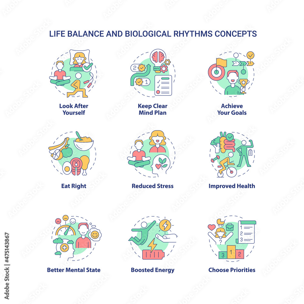 Life balance and biological rhythms concept icons set. Healthcare idea thin line color illustrations. Isolated outline drawings. Editable stroke. Roboto-Medium, Myriad Pro-Bold fonts used Life balance and biological rhythms concept icons set. Healthcare idea thin line color illustrations. Isolated outline drawings. Editable stroke. Roboto-Medium, Myriad Pro-Bold fonts used