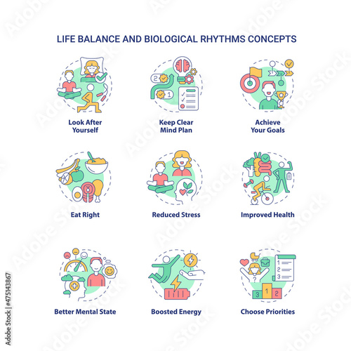 Life balance and biological rhythms concept icons set. Healthcare idea thin line color illustrations. Isolated outline drawings. Editable stroke. Roboto-Medium, Myriad Pro-Bold fonts used