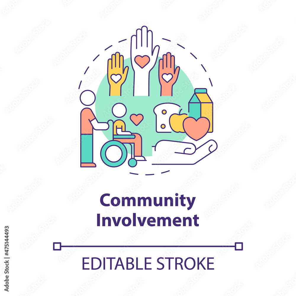 Community involvement concept icon. Build relationship with people abstract idea thin line illustration. Isolated outline drawing. Editable stroke. Roboto-Medium, Myriad Pro-Bold fonts used