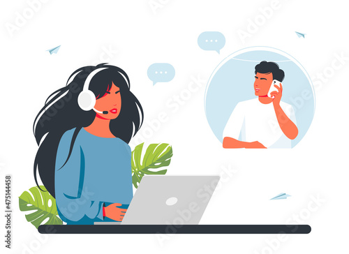 Man calls the call center. Customer service. Man with headphones, microphone with laptop. Concept illustration for support, call center. hotline operators consult customers with headsets on computers