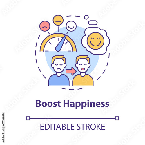 Boost happiness concept icon. Living happy life. Wellness lifestyle abstract idea thin line illustration. Isolated outline drawing. Editable stroke. Roboto-Medium, Myriad Pro-Bold fonts used