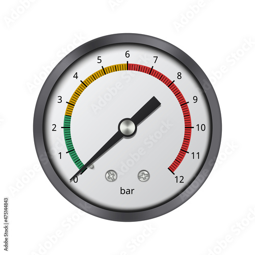 Realistic pressure gauge with color graduations on a white background. Pressure measuring instrument. Vector illustration.