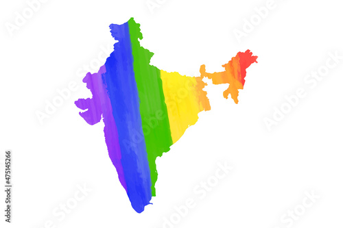 Detailed India country silhouette map in LGBT PRIDE rainbow colours on white