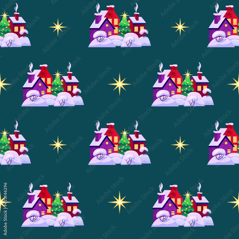 Fototapeta premium Vector seamless pattern Christmas village on a green. Holiday background.