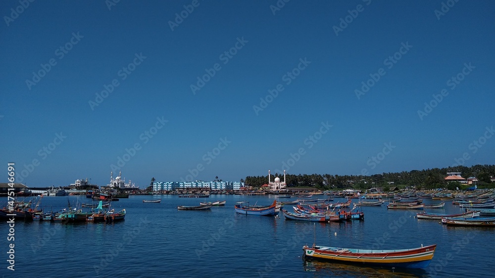 Fishing boats in vizhinjam harbor, Thiruvananthapuram, Kerala, seascape view