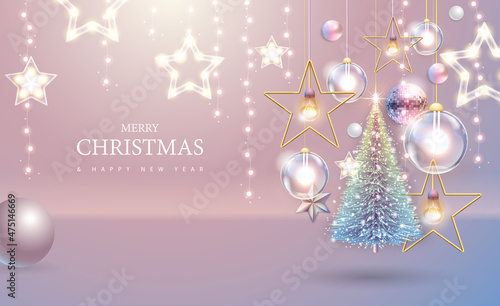 Merry Christmas and happy New Year poster with christmas holiday decorations. Christmas holiday background. Vector illustration