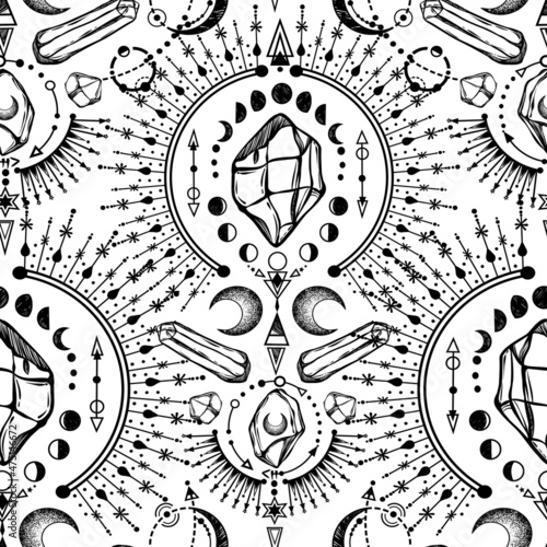 Vector illustration, magical astrology and crystals, Alchemy, spirituality and occultism,magic symbol, Handmade, print on t-shirt, light  background, seamless pattern