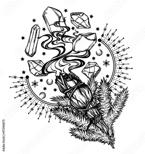 Vector illustration, Magical Smudge Sticks and crystals, Alchemy, spirituality and occultism,magic symbol, Handmade, print on t-shirt, tattoo