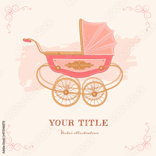 Hand drawn illustration of retro baby stroller