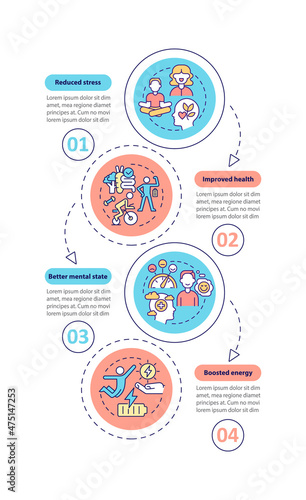 Benefits of life balance vertical infographic template. Live healthy. Data visualization with 4 steps. Process timeline info chart. Workflow layout with line icons. Myriad Pro-Bold, Regular fonts used