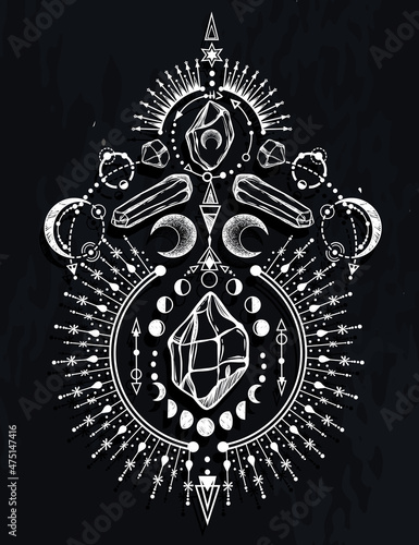 Vector illustration, magical astrology and crystals, Alchemy, spirituality and occultism,magic symbol, Handmade, print on t-shirt, background  chalkboard