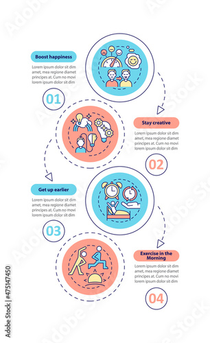 How to live balanced life vertical infographic template. Daily tips. Data visualization with 4 steps. Process timeline info chart. Workflow layout with line icons. Myriad Pro-Bold, Regular fonts used