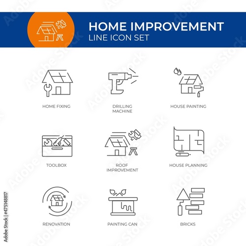 Home Improvement line icon set vector template of home fixing, home painting, drilling, home planning and others