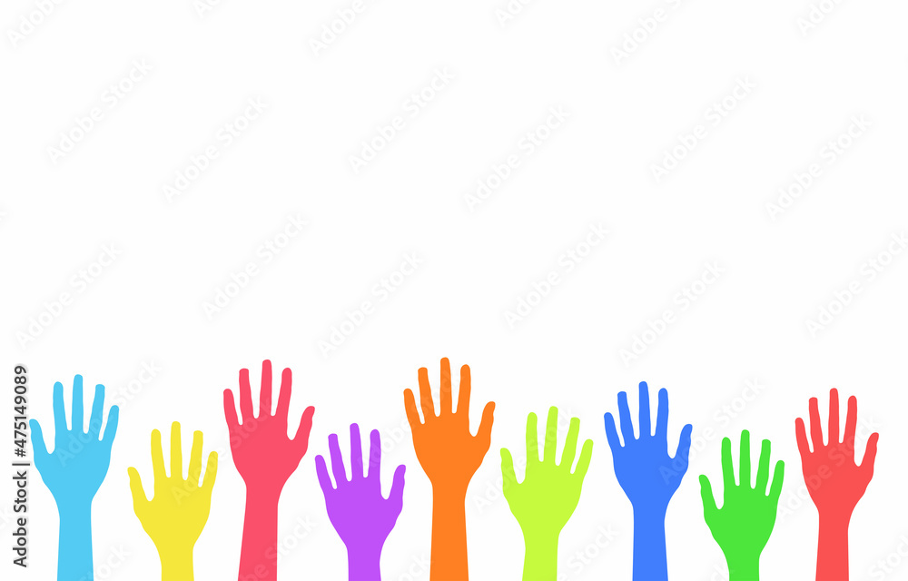Colorful up hands isolated on white background. Friendship or group therapy symbol. Template design for volunteers, celebration, birthday, joy, fun. Vector illustration Colorful up hands isolated on white background. Friendship or group therapy symbol. Template design for volunteers, celebration, birthday, joy, fun. Vector illustration