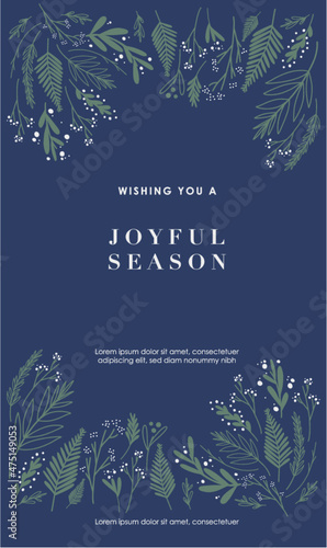 christmas card with winter berries and tree . Winter holiday greetings vector graphic. Design template with text holder. Sweet hand-drawn illustration. Text Logo template. Web Card Social SM 
