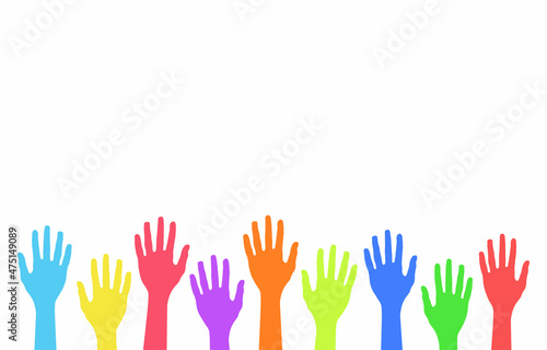 Colorful up hands isolated on white background. Friendship or group therapy symbol. Template design for volunteers, celebration, birthday, joy, fun. Vector illustration