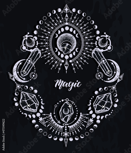 Vector illustration, magical astrology and crystals, Alchemy, spirituality and occultism, magic symbol, print on t-shirt, background  chalkboard, Handmade