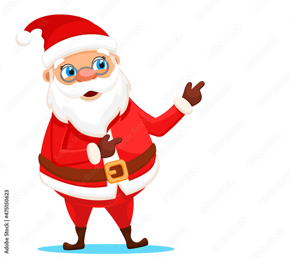 Santa Claus stands on a white and points the place Santa Claus stands on a white and points the place