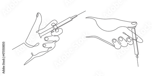 Hand holding syringe,one line art,continuous contour,hand drawn. Coronavirus vaccination,health care injection, treatment,preventive measures.Medical concept,injection dose.Editable stroke.Isolated.