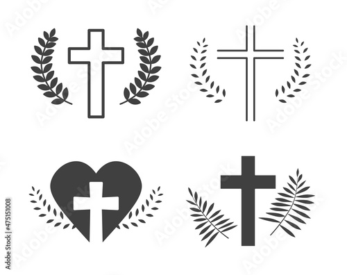 set of obituary ornaments, cross, heart and leaves- vector illustration