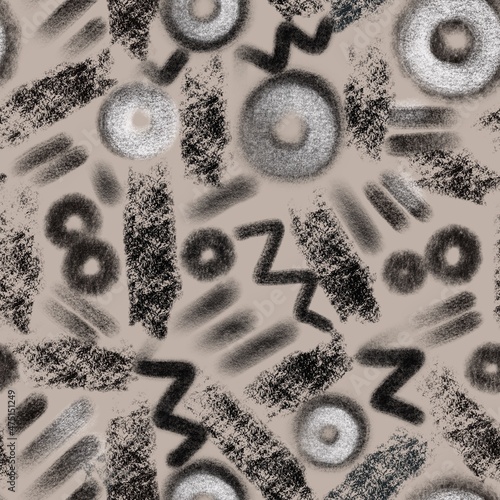 Seamless abstract pattern, dashes, lines, circles. For packaging, design, fabric, wallpaper, website.