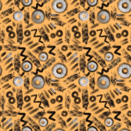 Seamless abstract pattern, dashes, lines, circles. For packaging, design, fabric, wallpaper, website.