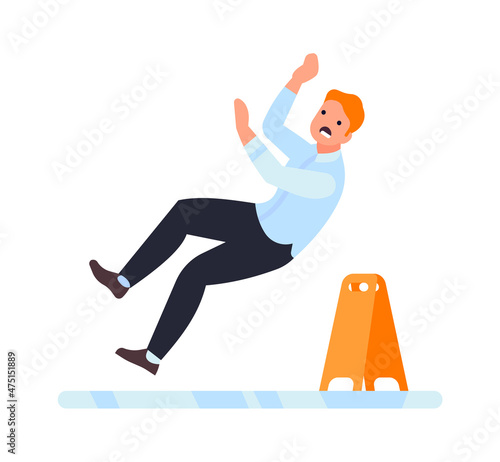 Man slipping on wet floor. Guy falling down