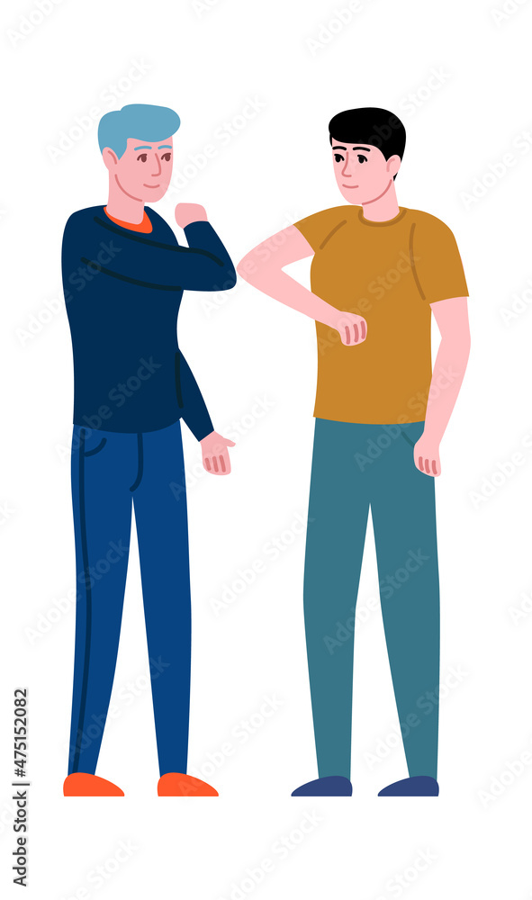 Men greeting with elbow bumps. Guys touching elbows Men greeting with elbow bumps. Guys touching elbows