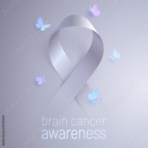 Brain cancer awareness. Light gray ribbon appears from the dark backdrop. Five butterflies circling around the sign. Realistic vector sticker for volunteers and brain tumor survivors