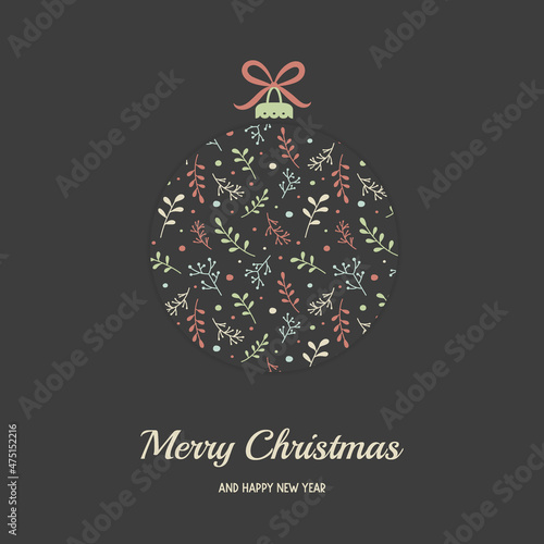 Design of Christmas greeting card with festive branches. Xmas decoration. Vector