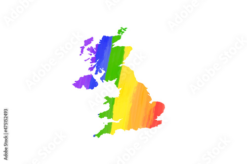 Detailed United Kingdom country silhouette map in LGBT PRIDE rainbow colours on white