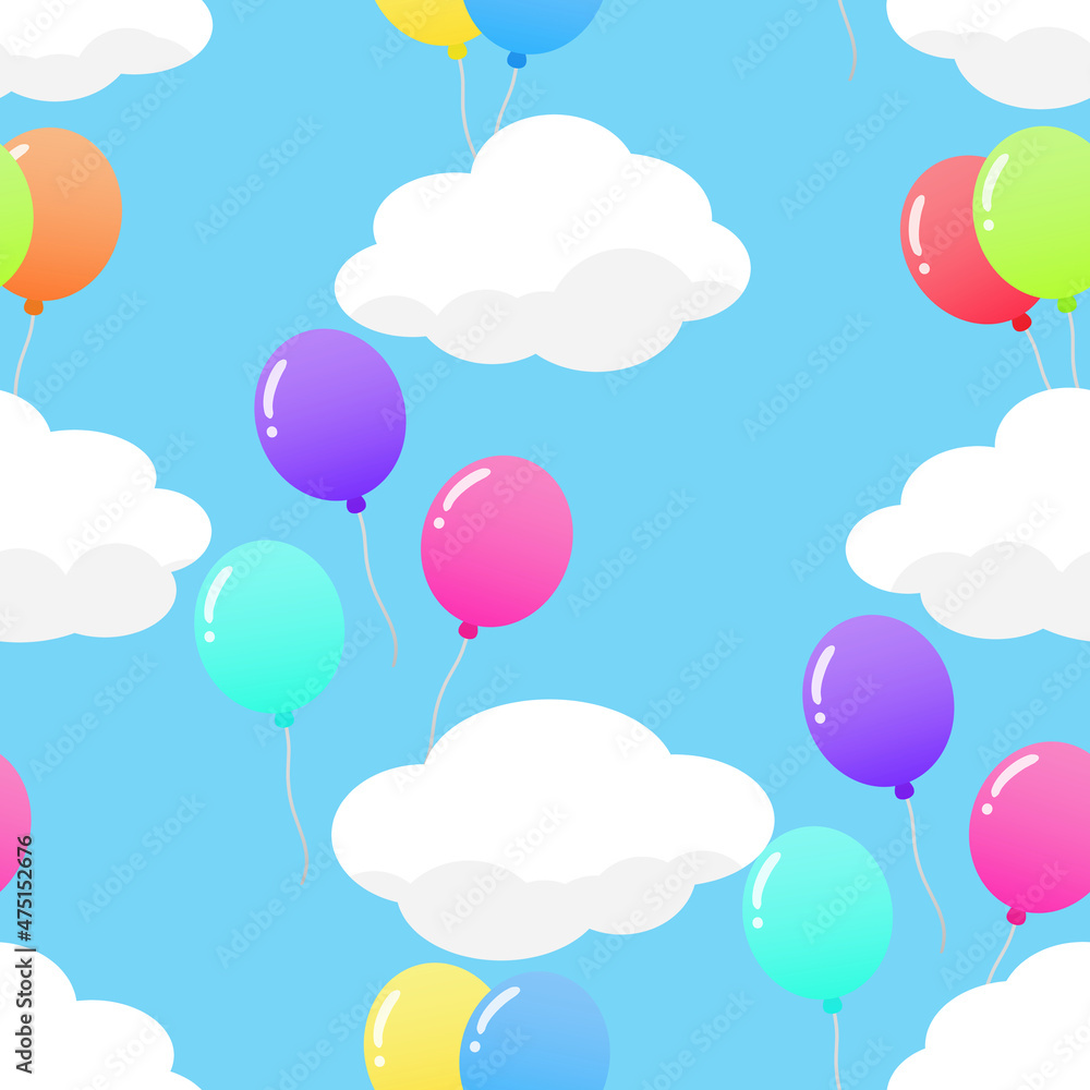 雲と風船のシームレスパターン　ブルー