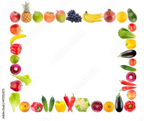 Frame from bright and multi-colored vegetables and fruits isolated on white