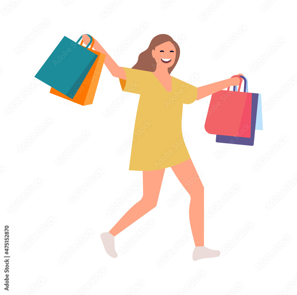 Happy woman with shopping bags. Girl going from big sale Happy woman with shopping bags. Girl going from big sale