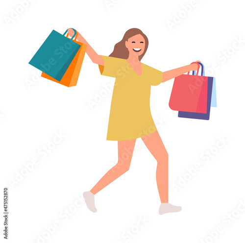 Happy woman with shopping bags. Girl going from big sale