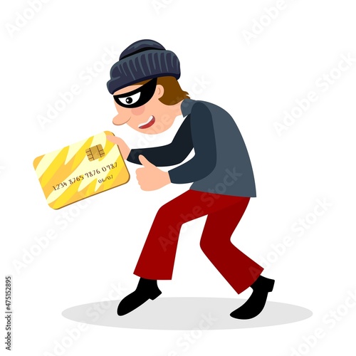 Online fraud. Cyber thief steals money, credit card details. Flat vector cartoon illustration.