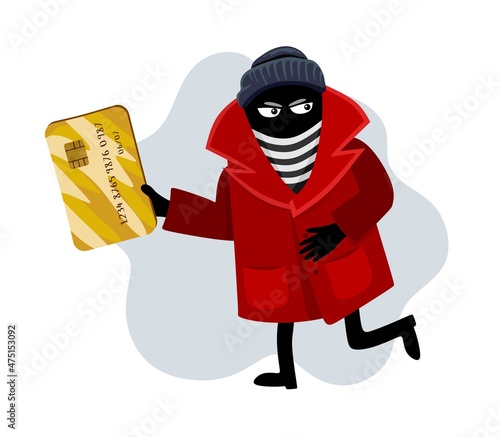 Online fraud. Cyber thief steals money, credit card details. Flat vector cartoon illustration.