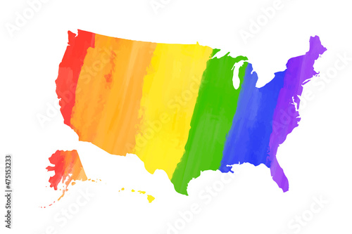 Detailed USA country silhouette map in LGBT PRIDE rainbow colours on white