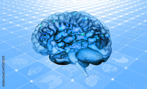 Brain. Virtual medicine, remote diagnostics. Brain research. Neurology and high technology 3D illustration