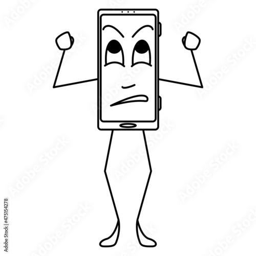 The smartphone is angry, bewildered, irritability. A smartphone with hands, feet and emotion on display. Humanization, stylization of the gadget. Vector icon, outline, cartoon, isolated