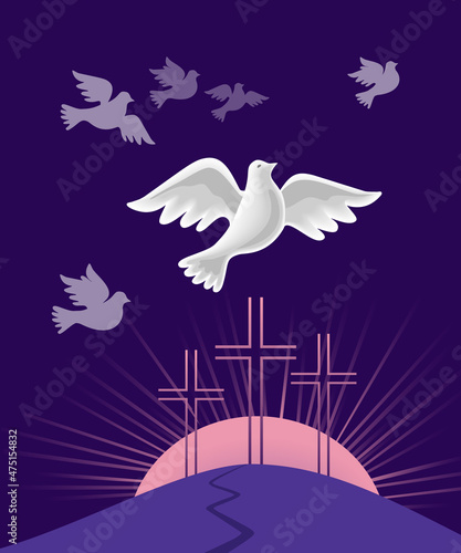 Holy Spirit Dove flight vector poster concept. Christian holiday Pentecost Trinity Sunday concept. Church sacrament hope belief symbol. Biblical flying spiritual dove religion greeting illustration