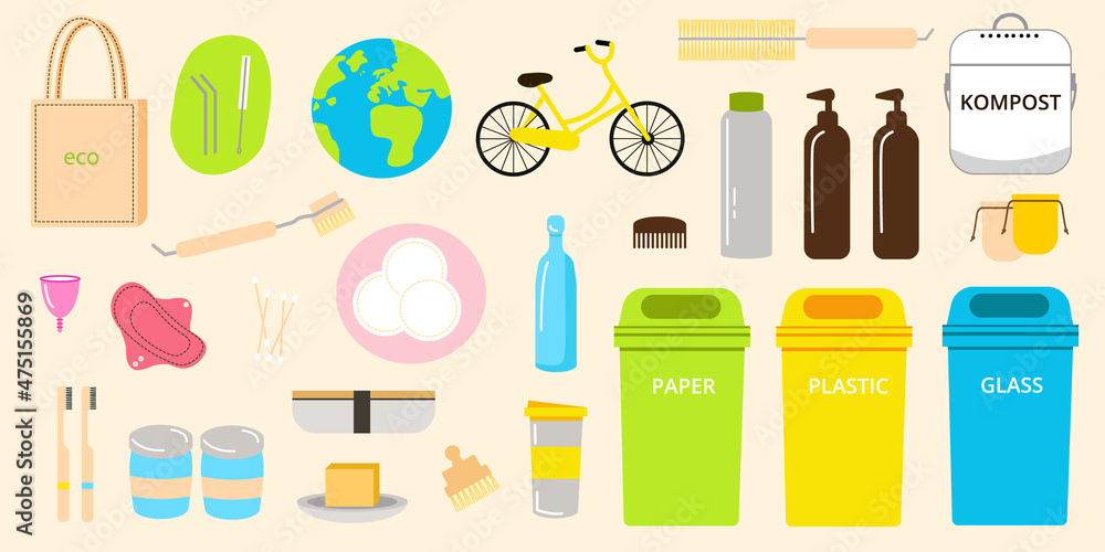 A collection of objects to implement the concept of zero waste. Image of reusable appliances for cosmetic and household needs. Life without plastic, save the planet from pollution