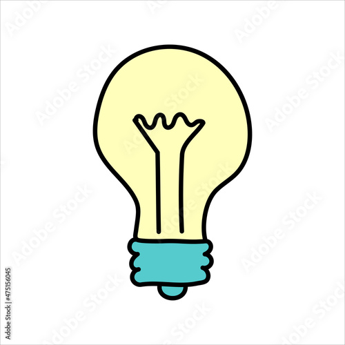Vector lightbulb hand-drawn in doodle cartoon style.