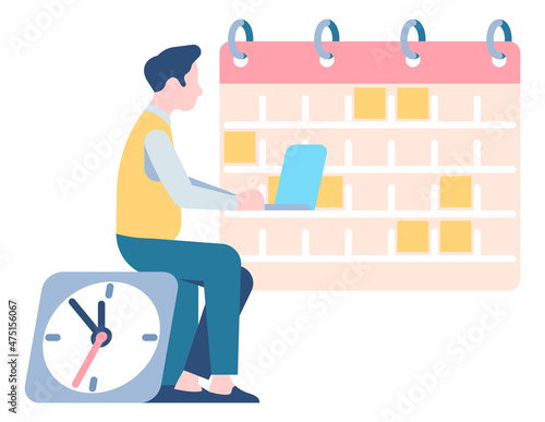 Man with laptop sitting on clock looking at calendar. Planning concept